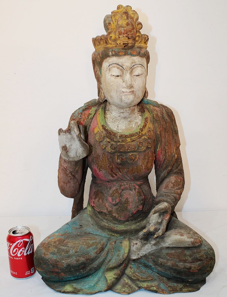 Early carved Chinese Guanyin (lots of original paint). Possibly hundreds of years old, needs repair (1 of 7)