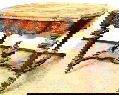 Victorian inlaid renaissance center table (needs repair). Top has missing veneer, some missing: Victorian inlaid renaissance center table (needs repair). Top has missing veneer, some missing bronze trim (you can put a piece of marble on it). Estate fresh. 46" wide, 31" tall, 29" deep.