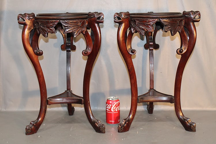 Pair of antique mahogany 20" pedestals with winged bird legs. Original finish, nice condition. 14": Pair of antique mahogany 20" pedestals with winged bird legs. Original finish, nice condition. 14" wide, 20" tall.
