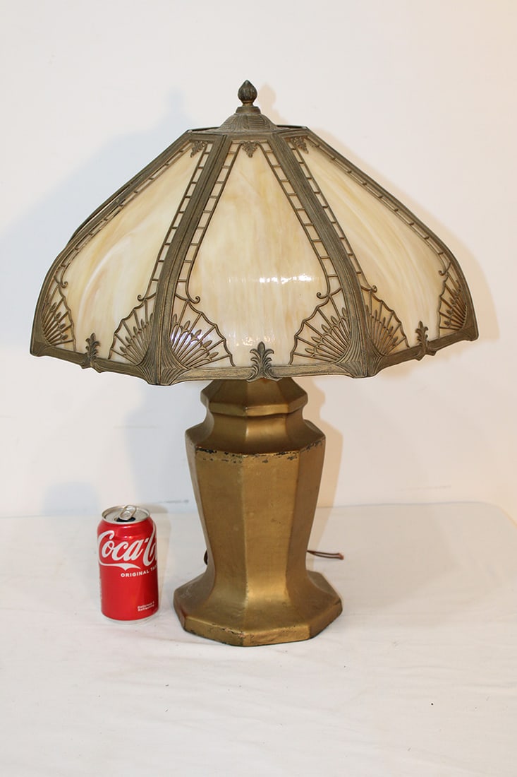 Large carmel slag table lamp. All glass is in good condition. Fancy filigee, needs rewiring. 18" (1 of 4)