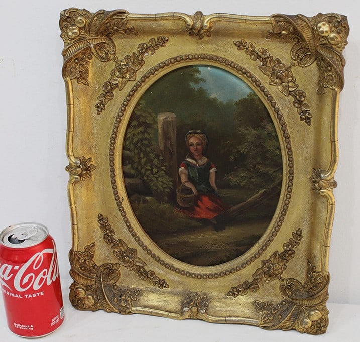 Early folky oil on artist board of a girl with basket. Estate fresh, early Utica label on back. Size (1 of 5)
