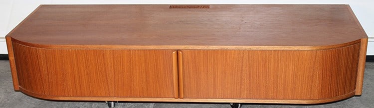 Mid century style teak TV stand with tambour roll doors. Nice condition. 67" wide, 11" tall, 26" (1 of 4)