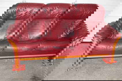 Awesome burgundy leather sofa by Hjellegjerde Mobler, Norway. Post modern all 3 seats back recline (1 of 7)