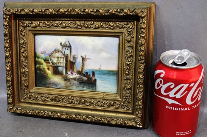 Nice Victorian painting on porcelain. Has a dutch looking shore and boat scene. Very pretty colors, (1 of 3)