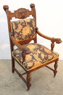 Fabulous oak Horner desk chair with lions, face, etc. in nice condition. Tight. 26" wide, 46" tall,: Fabulous oak Horner desk chair with lions, face, etc. in nice condition. Tight. 26" wide, 46" tall, 26" deep.