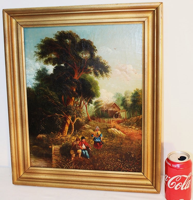 Oil on canvas 19th C. old farm with a water wheel and lady carrying wheat, dog, etc. Well done,: Oil on canvas 19th C. old farm with a water wheel and lady carrying wheat, dog, etc. Well done, estate fresh. Has an old label with description on it. 16" wide, 19" tall.