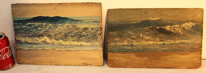Two folky ocean paintings on artist board 1 artist signed. Both estate fresh, no frames. Largest is (1 of 5)