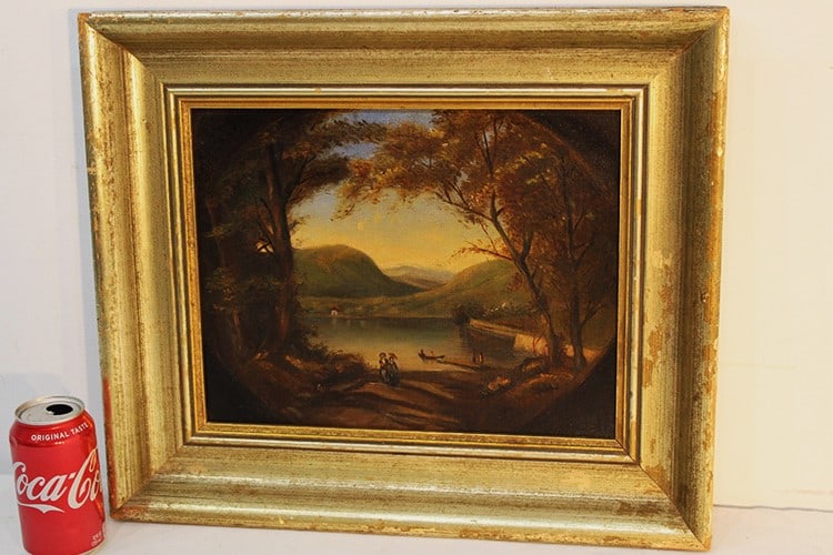 Folky 19th C. oil on canvas of a lake/mountain scene. Early stretcher, nicely framed. Estate fresh. (1 of 4)