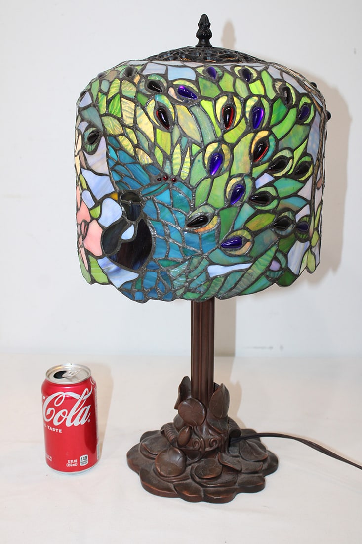 Decorator leaded Tiffany style lamp with jewels. Very pretty lit up jeweled peacock. Not antique. (1 of 5)