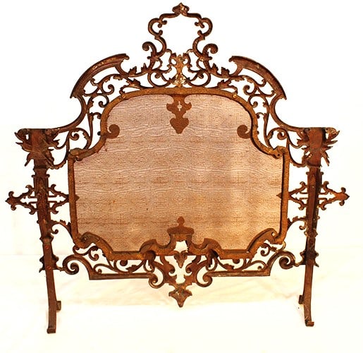 Fancy Victorian solid brass fire screen with brass mesh. Estate fresh. 34" wide, 31" tall. (1 of 5)