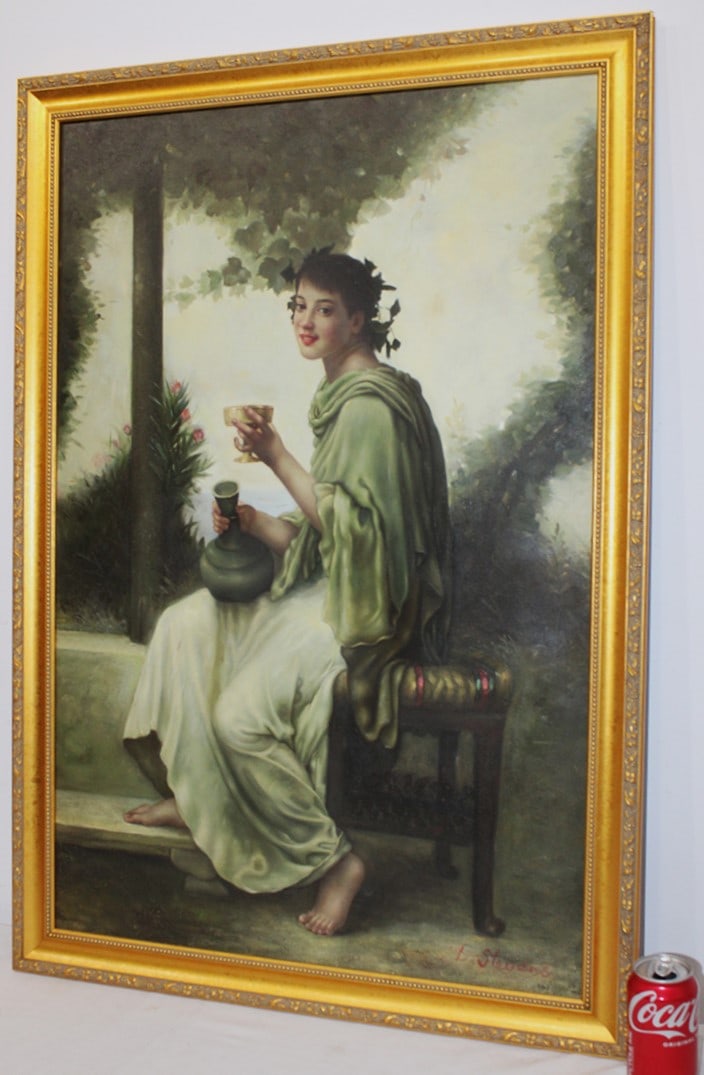 Large oil on canvas "Bacchante" lady holding a jar of wine signed L. Stevens. Well done, nicely: Large oil on canvas "Bacchante" lady holding a jar of wine signed L. Stevens. Well done, nicely framed. Probably late 20th C. all in good condition. 28" wide, 40" tall.