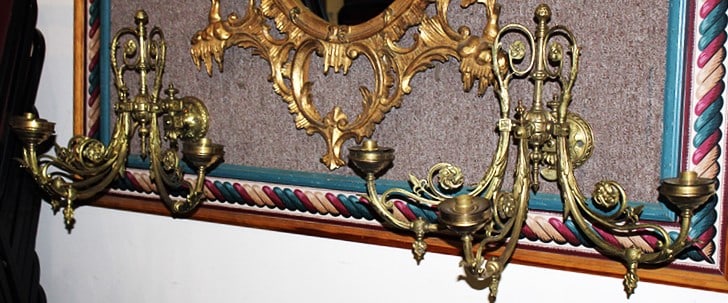 2 sweet 3 arm brass sconces with fancy floral design. Been electrified, no shades, missing 1 gas (1 of 8)