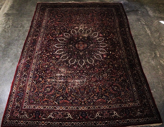 Antique tightly woven signed estate room size rug. Very pretty rug, has spots of wear (see photo).: Antique tightly woven signed estate room size rug. Very pretty rug, has spots of wear (see photo). 110" wide, 152" long.