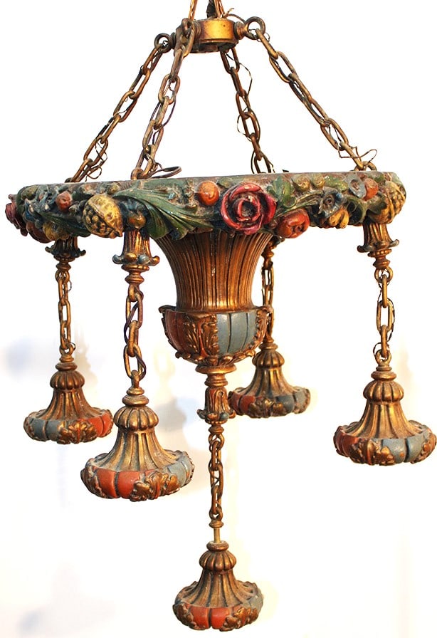 Super 5 arm antique hanging fixture with fruit and flowers. It's plaster surface in original multi (1 of 7)