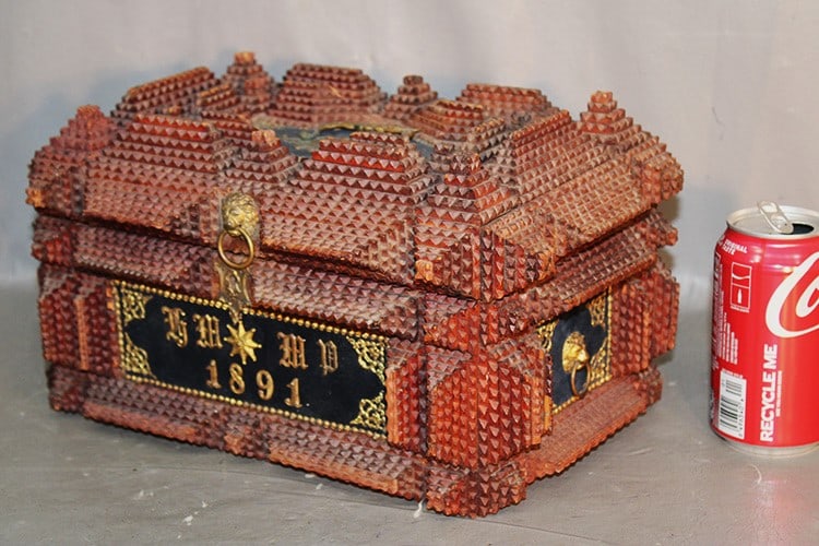 19th C. tramp art document box dated 1891. Lots of fancy brass work, etc. Estate fresh, lion head (1 of 6)