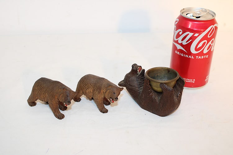 3 small antique black forest bears. 1 holding brass bowl (inkwell), 2 small hand carved bears. Appr. (1 of 4)