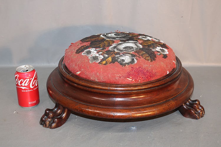 Large 20" walnut Victorian stool with claw feet. Has rose embroidered cover (has some tattering - (1 of 4)