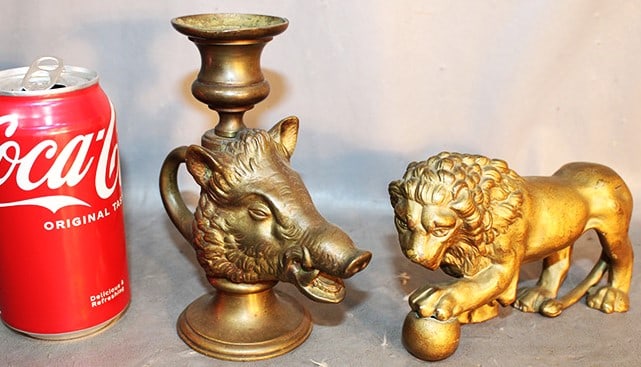 Antique bronze lion and boars head candle holder. Nice patina. Estate fresh in nice condition. Lion (1 of 4)