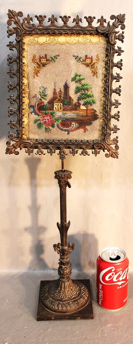 Great Victorian needlepoint table top screen. Scenic design, adjustable, original cast iron. Estate (1 of 4)