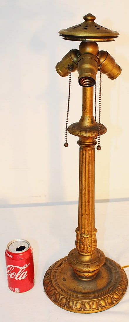 Large 25" Handel lamp base with signed ring. 3 sockets, original heat cap and finial. (1 of 5)