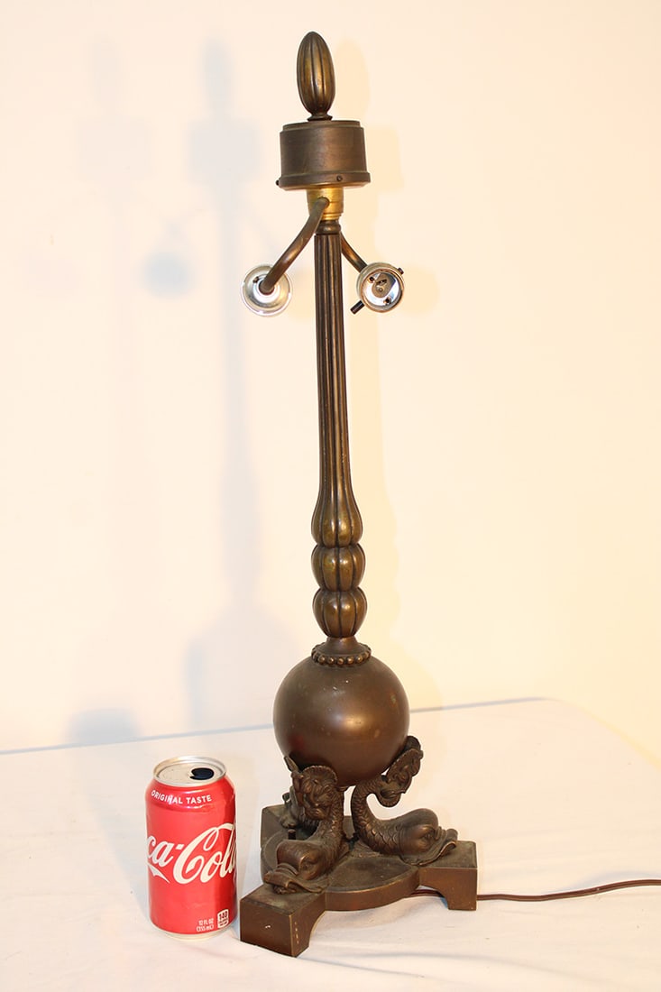 Large 26" antique solid bronze lamp base with dolphins. Nice original patina, marker unknown. (1 of 5)