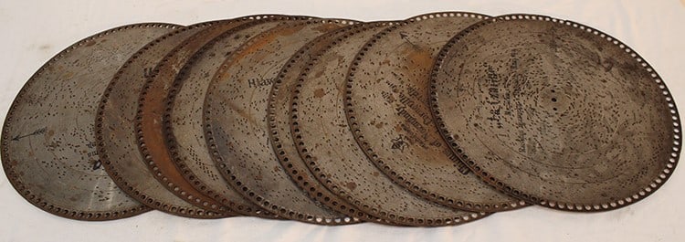 (11) 15.5" music box discs all in good shape. Some have surface rust, most have song titles. (1 of 4)