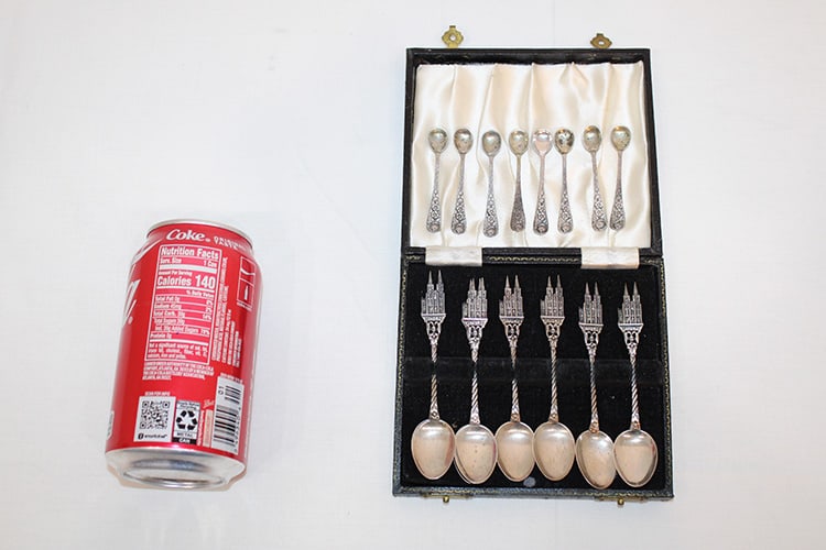 8 Silver Demitasse Spoons (800) With Castles, 8 Salt Spoons (800): 8 silver demitasse spoons (800) with castles, 8 salt spoons (800). Castles are in a case. Estate fresh. 3.27 ozt.