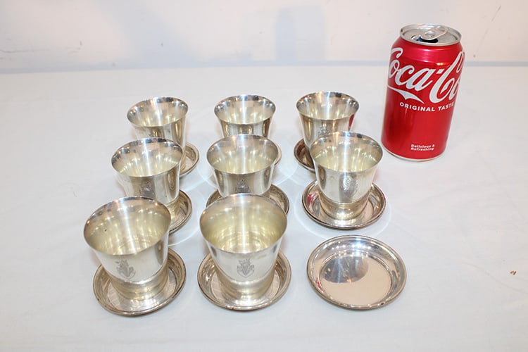 8 Sterling Cup With An Armorial Crest With Wolves Head And 9 Sterling Coasters 19.68 Ozt (1 of 3)