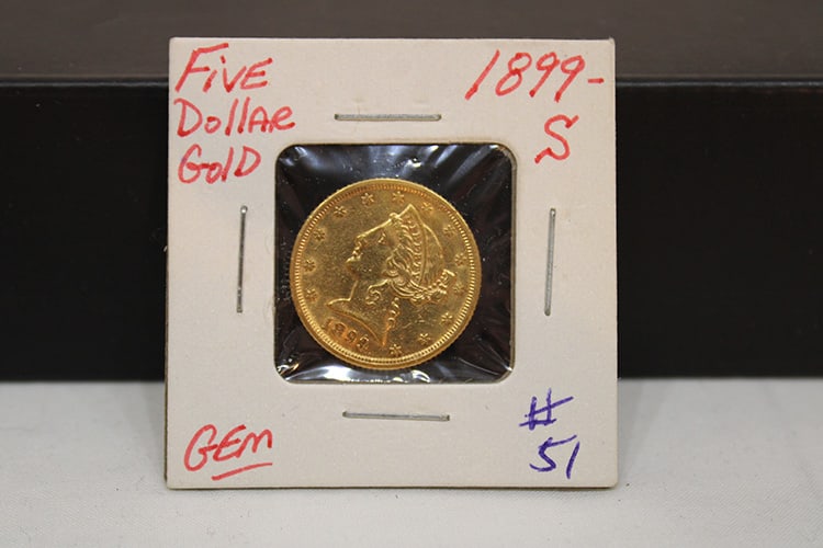 1899-S $5 Gold Coin: 1899-S $5 gold coin. Estate fresh in nice condition.