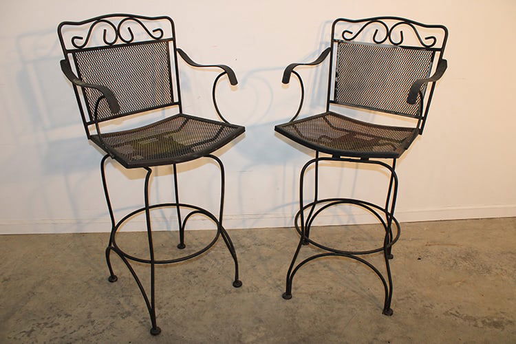 Nice Pair Of Woodward Constantine Swivel Bar Stools: Nice pair of Woodward Constantine swivel bar stools. Wrought iron, could use a coat of paint to spruce them up. Nice condition. 22" wide, 45" tall, 18" deep.