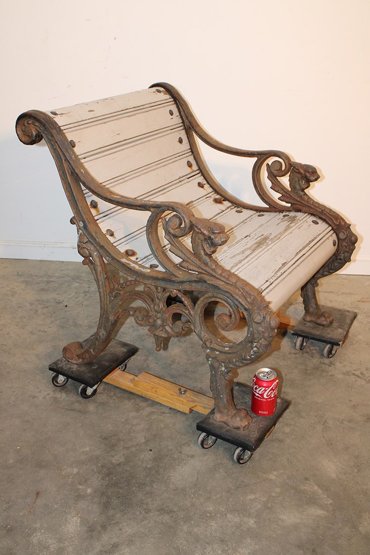 Rare Antique Cast Iron Garden Chair With Winged Griffins: Rare antique cast iron garden chair with winged griffins. Only 26" wide, no breaks in the metal. Wood is good, needs painting. Estate fresh in nice condition. 26" wide, 29" tall, 31" deep.