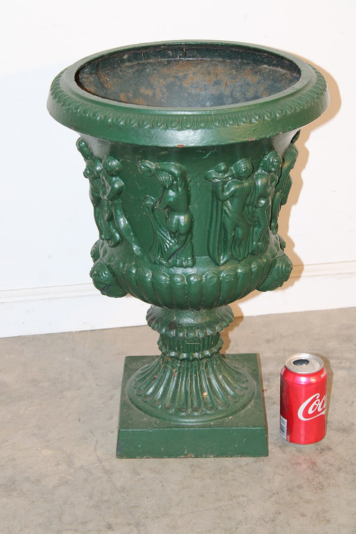 Nice Antique 21" Cast Iron Urn With Nudes (1 of 5)