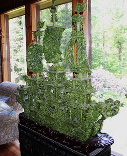 Large Monumental Chinese Jade Dragon Boat: Large monumental Chinese jade dragon boat. Extremely heavy and well made. Comes with a nice black lacquered cabinet with mother of pearl. Estate fresh. 5' long.
