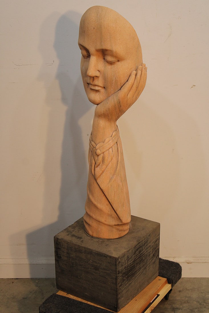 Wonderful Hand Carved 3' Marble Sculpture Of A Hand Holding Up A Face (1 of 6)