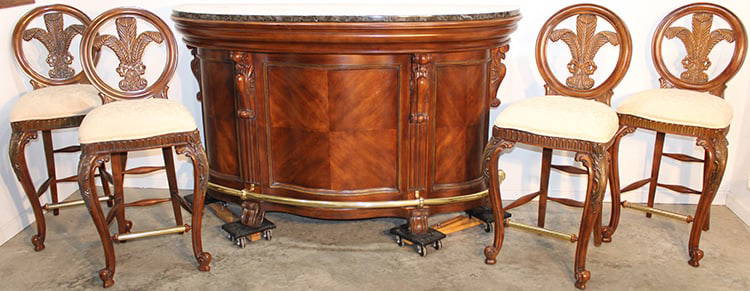 Wonderful 5 Piece Custom Bar Set (High Quality And Nice): Wonderful 5 piece custom bar set (high quality and nice). Has a serpentine front with brass foot rail, inlaid wood panels, glass rack and 4 matching stools. Very heavy, estate fresh. Bar size is 71" w