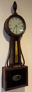 19Th C. Weight Driven Banjo Clock: 19th C. weight driven banjo clock. Has pendulum weight and key. Top finial and face is replaced. 10" wide, 34" tall, 4" deep.