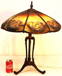 One Of The Prettiest Signed Bradley And Hubbard 20" Table Lamps: One of the prettiest signed Bradley and Hubbard 20" table lamps. All original 1 panel, has damage (see photo). Ribbed glass, awesome base. 20" wide, 25" tall.