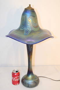 Wonderful Vintage Art Glass Signed Fellerman Table Lamp: Wonderful vintage art glass signed Fellerman table lamp. Beautiful blue with a pulled feather design. Estate fresh in nice condition. 14" wide, 25" tall.
