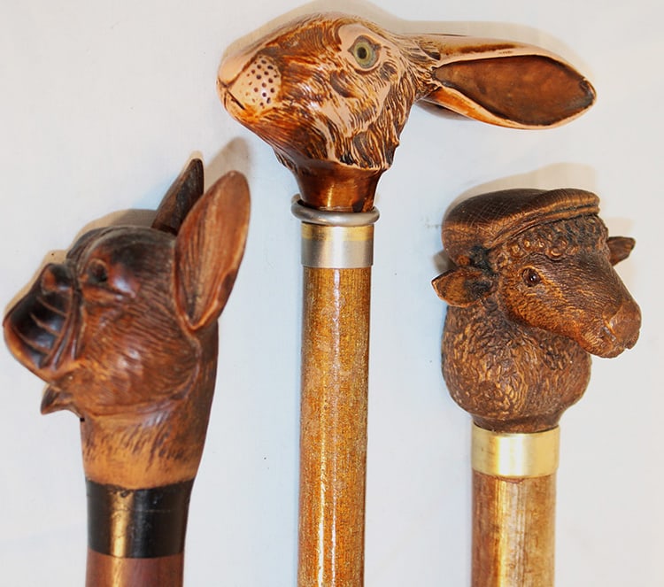 3 Antique Walking Sticks Including French Bulldog, Rabbit And Sheep (1 of 7)
