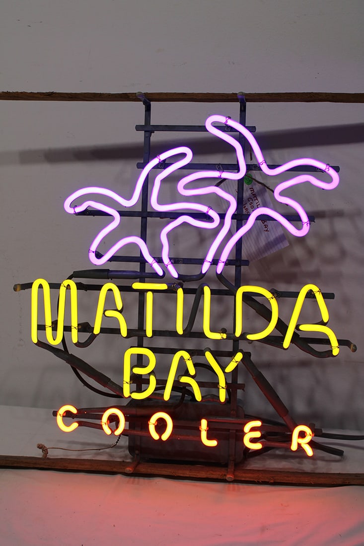 Vintage Matilda-Bay Coolers 1987 3 Color Neon Advertising: Vintage Matilda-Bay Coolers 1987 3 color neon advertising from a private collection. Works good. 20" wide, 23" tall.