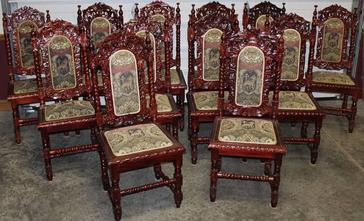 Great Set Of 12 Carved Mahogany Custom Chairs: Great set of 12 carved mahogany custom chairs. All good with pierced carved backs and rope twist spindles. Nicely upholstered, all chairs are nice and tight. Late 20th C. Appr. 21" wide, 48" tall, 23"
