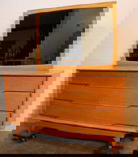 Mid Century Kent Coffey Forum 6 Drawer Dresser And Attached Mirror: Mid century Kent Coffey forum 6 drawer dresser and attached mirror in limed oak. Estate fresh in nice condition. Dresser without mirror is 56" wide, 31" tall, 19" deep.