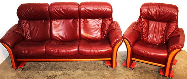 Awesome 2 Piece Leather Sofa And Chair By Hjellegjerde Moblers Norway: Awesome 2 piece leather sofa and chair by Hjellegjerde Moblers Norway. 6230 Sykkylven, reclining backs. Real comfortable, rich dark burgundy red. No rips, scratches or smells. Came out of a nice home.