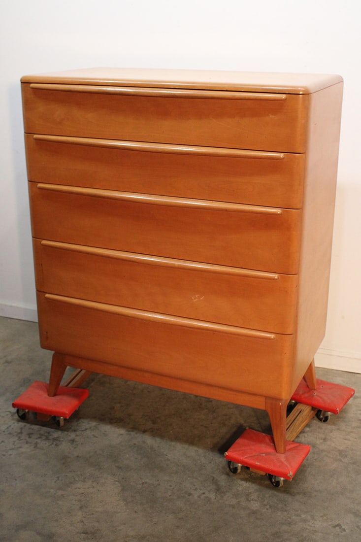 Signed Heywood Wakefield 5 Drawer Highboy With Champagne Finish: Signed Heywood Wakefield 5 drawer highboy with champagne finish. Estate fresh in nice condition. Little wear, consistent with age. Inspected 1955. 36" wide, 44" tall, 19" deep.