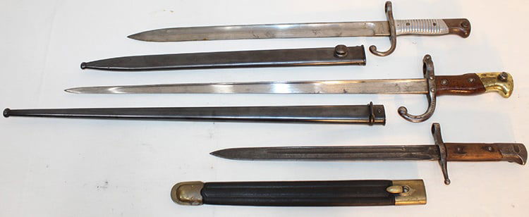 3 Nice Bayonets Incl. French, Italian, And German: 3 nice bayonets incl. French, Italian, and German. Italian marked Gnutti, French dated 1879, German - Weyersberg Kirschbaum and Co. All with scabbards. Estate fresh in nice condition.