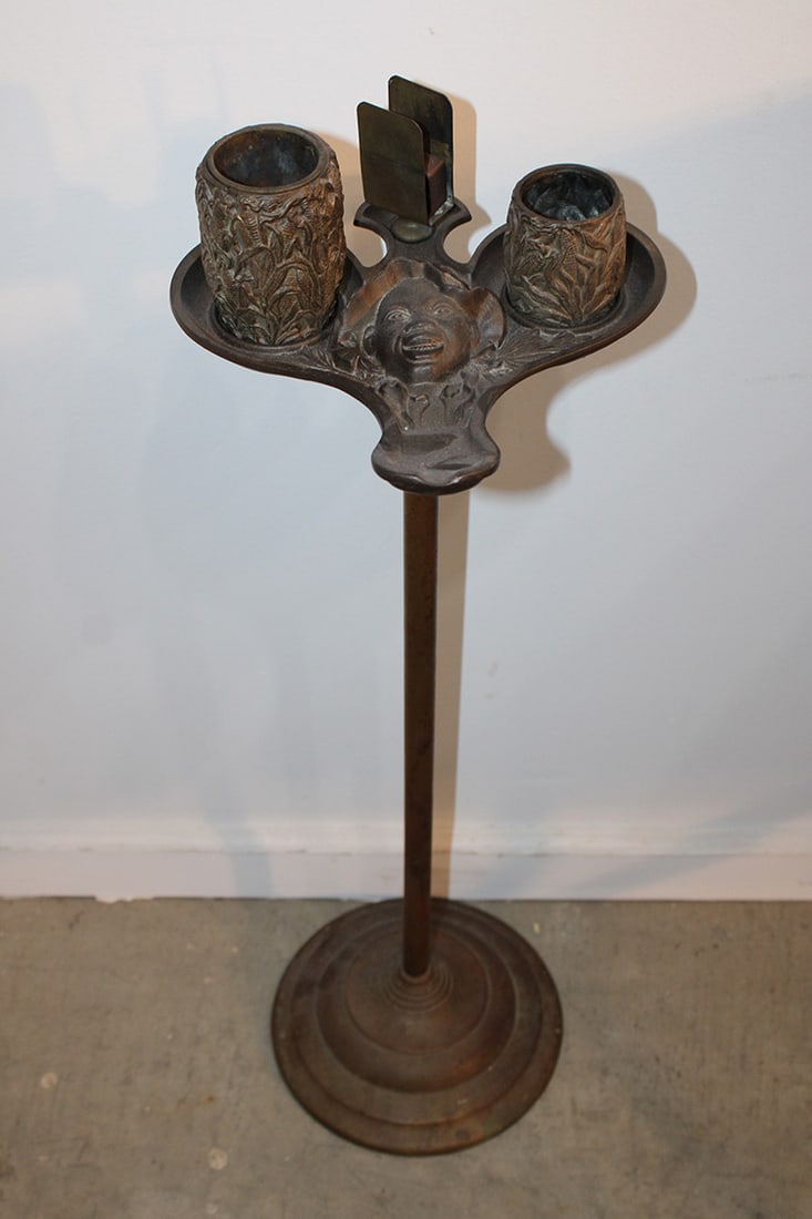 Unusual Sambo Smoke Stand (Black Memorabilia): Unusual Sambo smoke stand (black memorabilia). Has a brass coated iron column and base, match holder. Estate fresh, missing 1 brass insert (see photo) 31" tall.