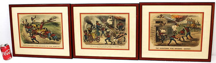 Great Set Of 3 Original Currier And Ives Dark Town Battery Lithos: Great set of 3 original Currier and Ives dark town battery lithos. Great colors, original, nicely framed. Dated 1884 and 1887. Estate fresh. 19" wide, 16" tall.