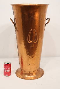 Signed Gustav Stickley #382 Umbrella Stand: Signed Gustav Stickley #382 umbrella stand. Has the original bottom tray, hand hammered copper, riveted construction. No dents. Estate fresh in nice condition. 13" wide, 25" tall.