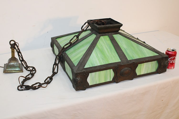 Antique Arts And Crafts Brass Ceiling Lamp With Green Slag (1 of 6)