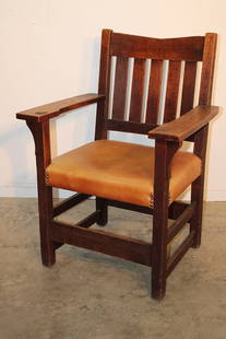 Signed Gustav Stickley V-Back Arm Chair: Signed Gustav Stickley V-back arm chair in nice condition. New leather, sturdy. 26" wide, 36" tall, 22" deep